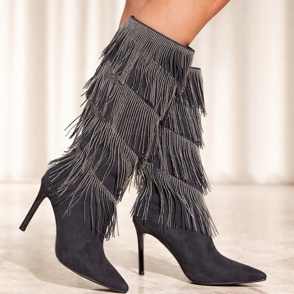 NEW INC Black Faux Suede Rhinestone Fringe Tall Boots - Size 7 - Brand New! ✨